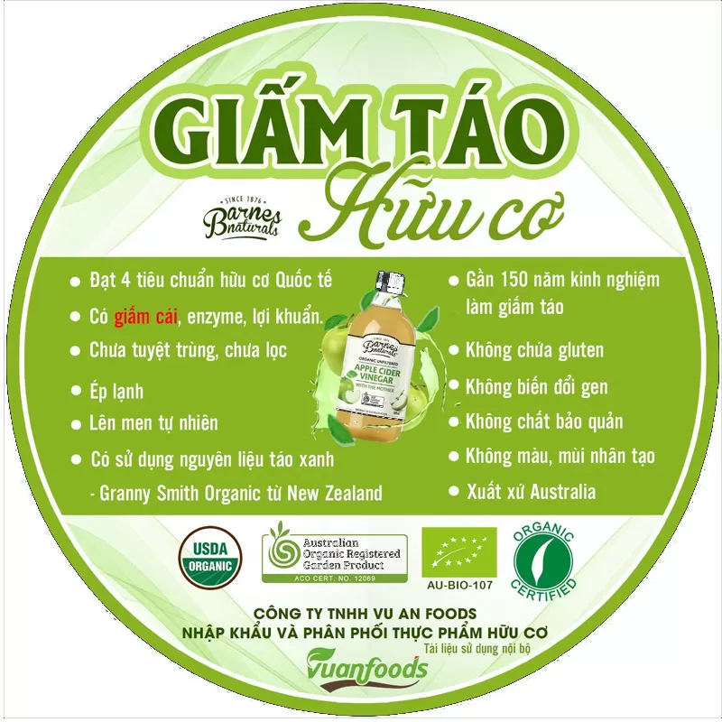 Dấm táo ép lạnh Hữu cơ Barnes Naturals (Úc) - Với dấm cái - Chai 500ml- 1l - Ảnh 4